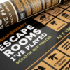 A photograph of an escape room poster, featuring scratch off sections for different themes and situations.