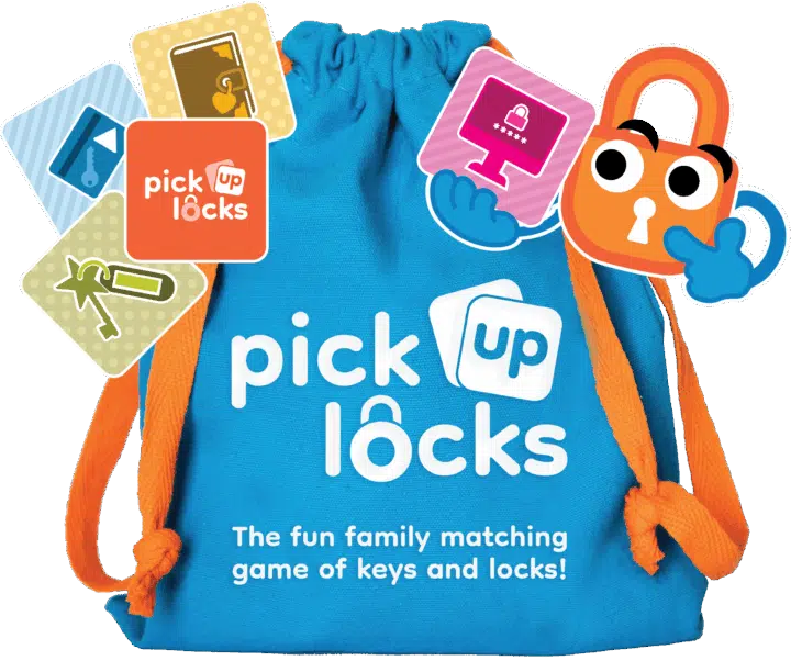 A bag of Pick Up Locks with tiles scattered around it while Paddy the Padlock examines a tile.
