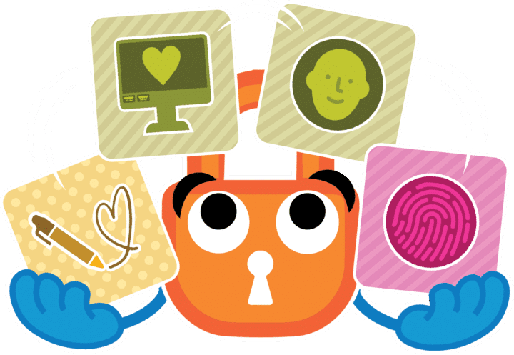 Paddy the Padlock juggling four Pick Up Locks tiles.