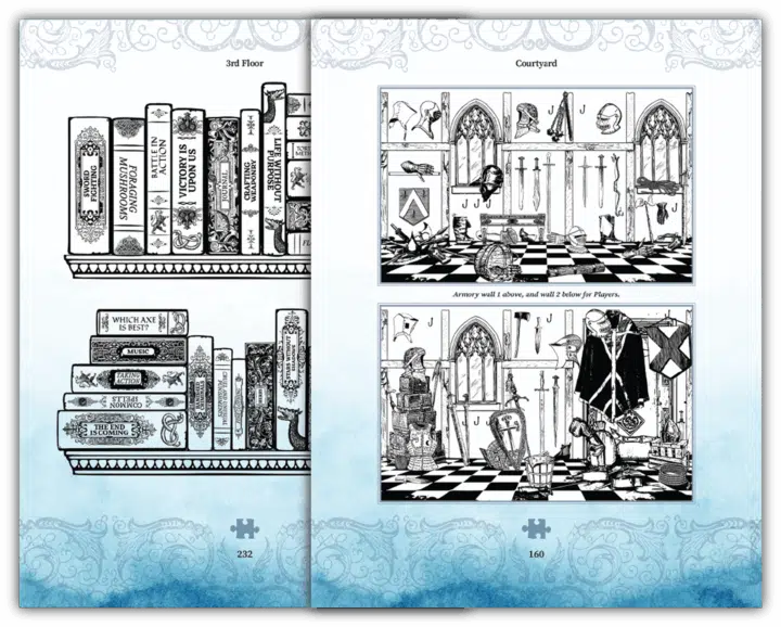 Blue pages from the Riddles and Relics book including puzzles.