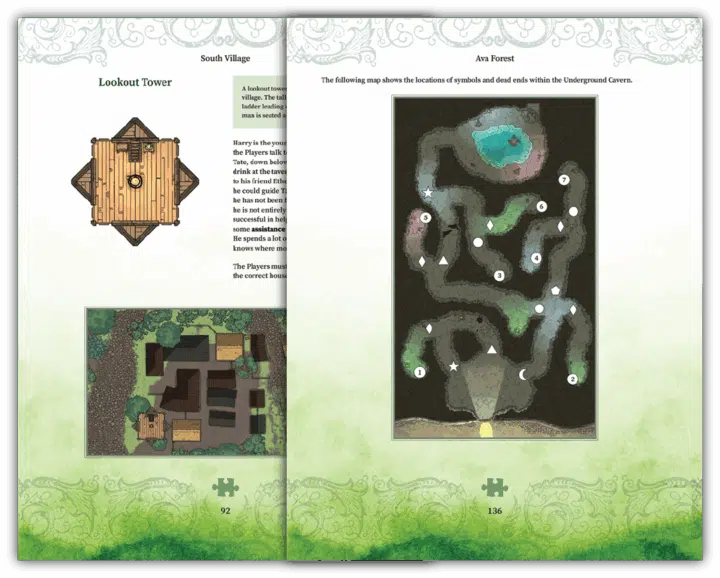 Green pages from the Riddles and Relics book including maps.