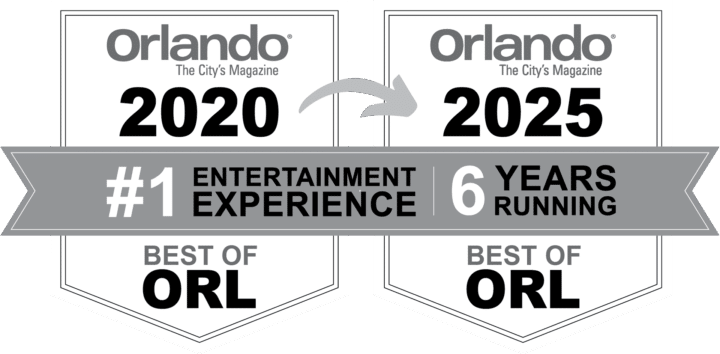 A white award shield showing that The Escape Effect was voted Best of Orlando 2020-2025 by Orlando Magazine.