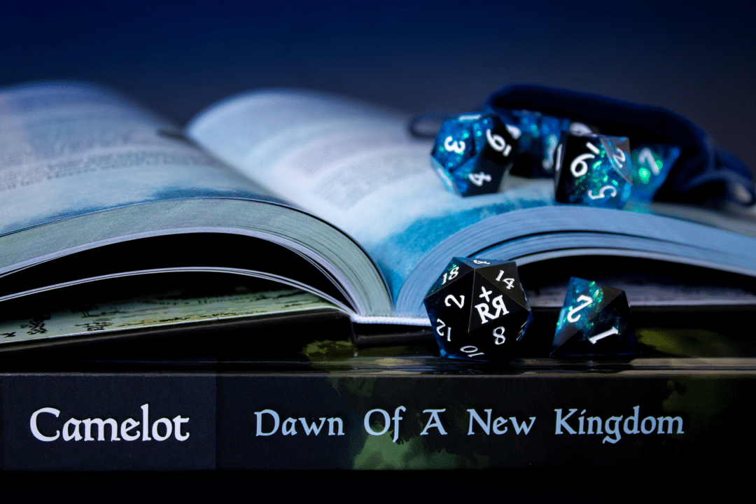 An iridescent set of dice placed upon an adventure roleplaying book.