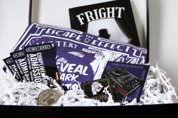 A gift box including tickets, sticker, pin, coin, shirt and comic.