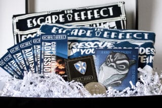 A gift box including tickets, sticker, pin, coin and shirts.
