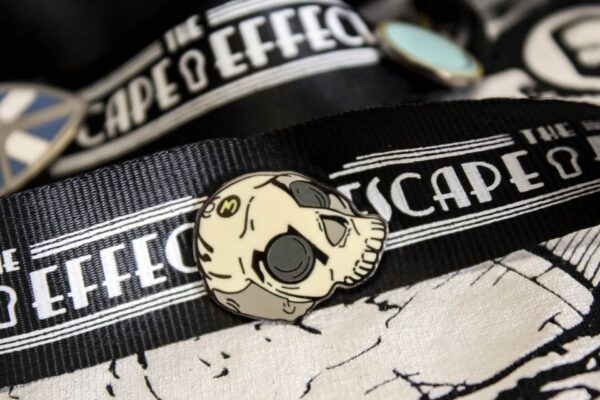 One lanyard with a shield lapel pin and one lanyard with a skull lapel pin.