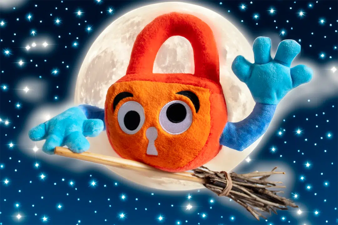 Paddy Padlock rides a broomstick against a moonlit sky.