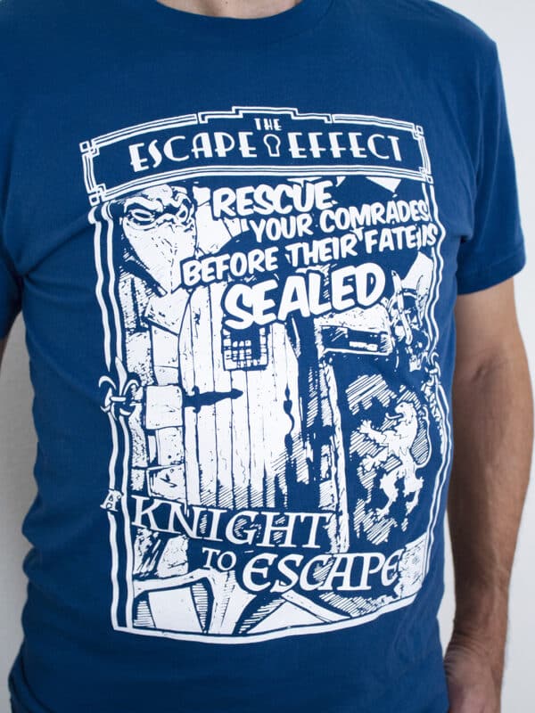 A photo showing a shirt with a design for the A Knight To Escape game.