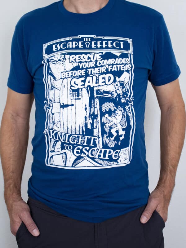 A photo showing a shirt with a design for the A Knight To Escape game.