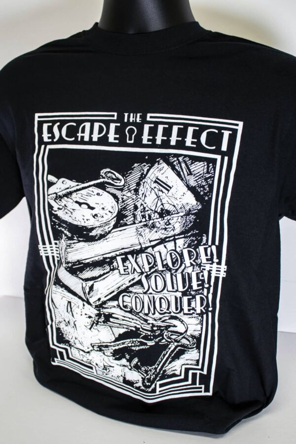 A black "The Escape Effect" featuring an illustration of clocks, keys, and books.