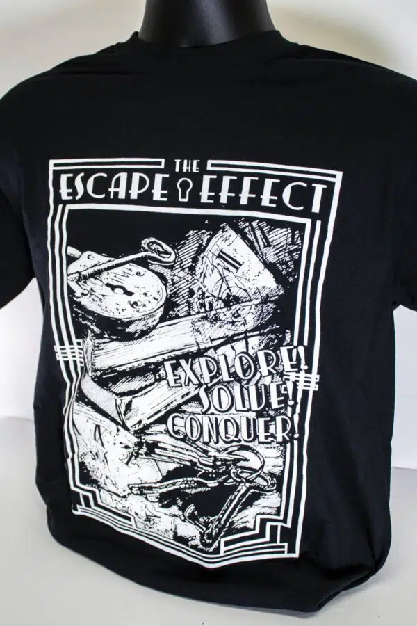 A black "The Escape Effect" featuring an illustration of clocks, keys, and books.