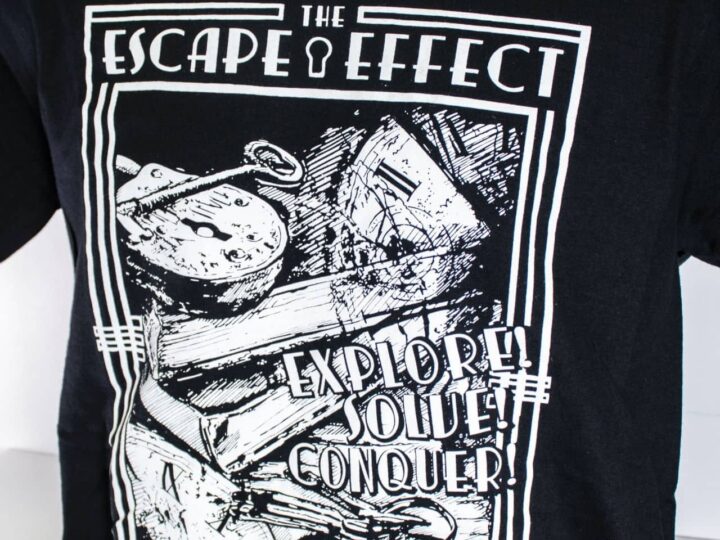 A black "The Escape Effect" featuring an illustration of clocks, keys, and books.