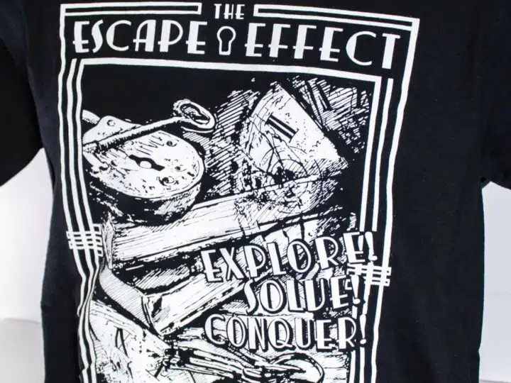 A black "The Escape Effect" featuring an illustration of clocks, keys, and books.