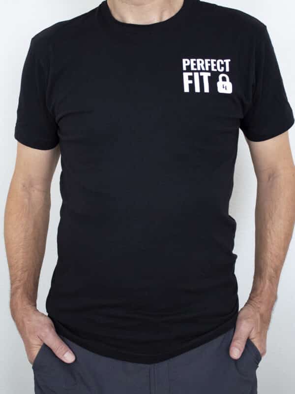 A photo showing a shirt with the phrase Perfect Fit, with an image of a padlock.