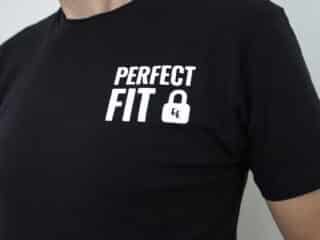 A photo showing a shirt with the phrase Perfect Fit, with an image of a padlock.