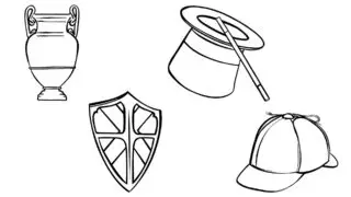 A white Greek vase, medieval shield, a magician's hat and wand, and deerstalker hat