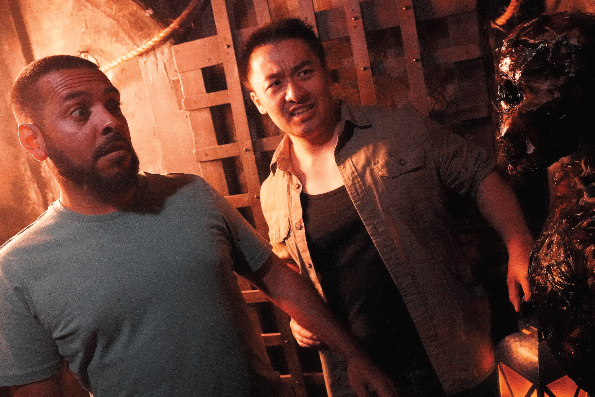 Two players find a sinister skeleton lurking in the dungeon.