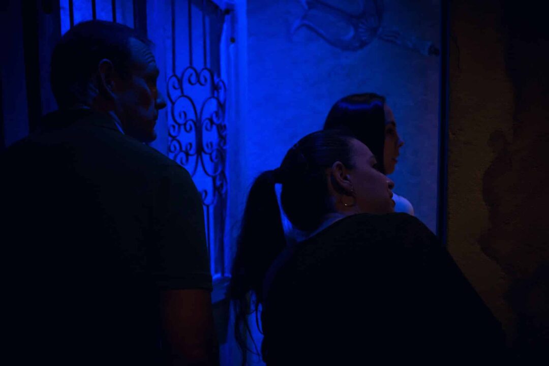 The players discover a blue chamber of the temple with a mural of Poseidon.