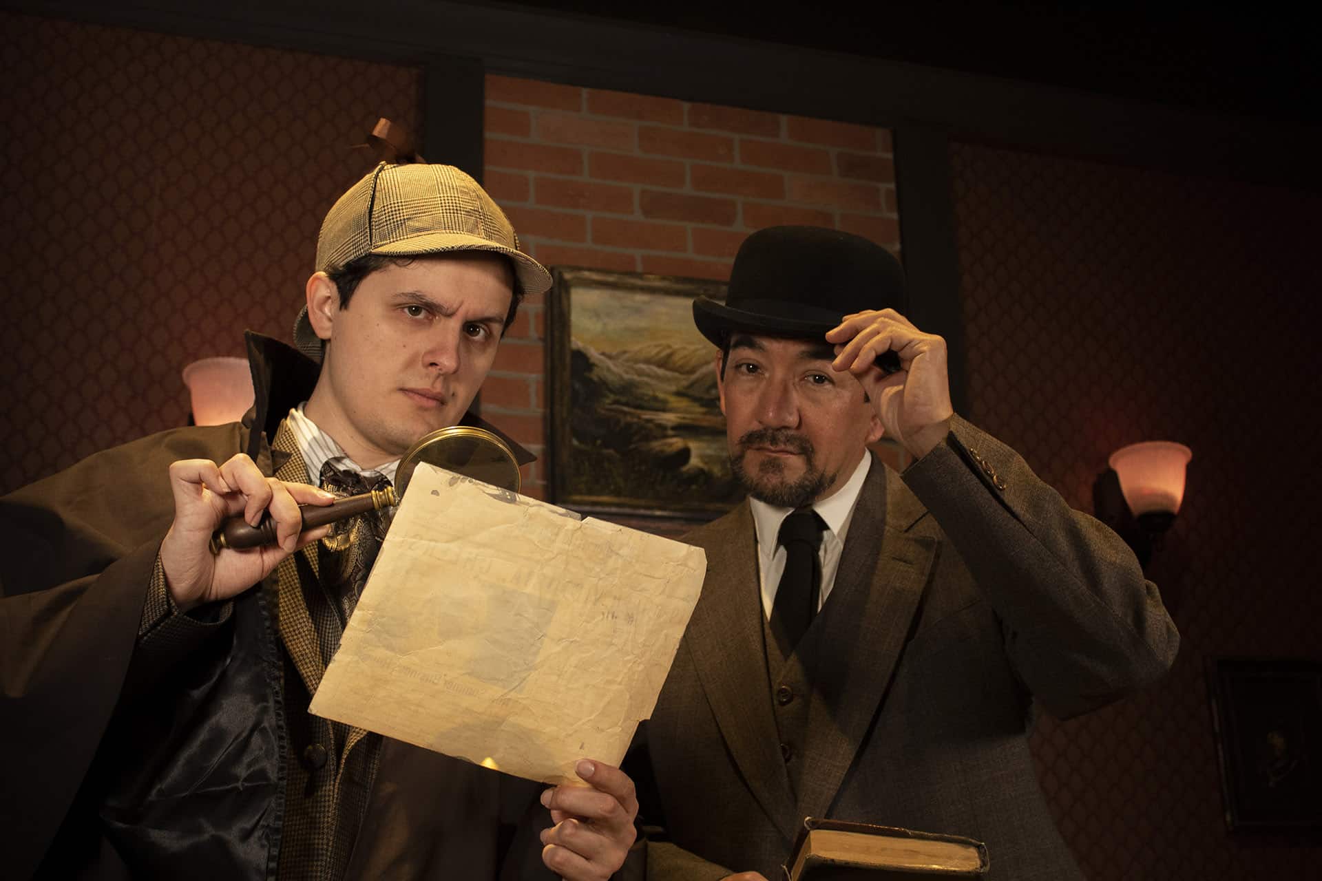 Sherlock and Watson look at a newspaper in order to investigate a murder.