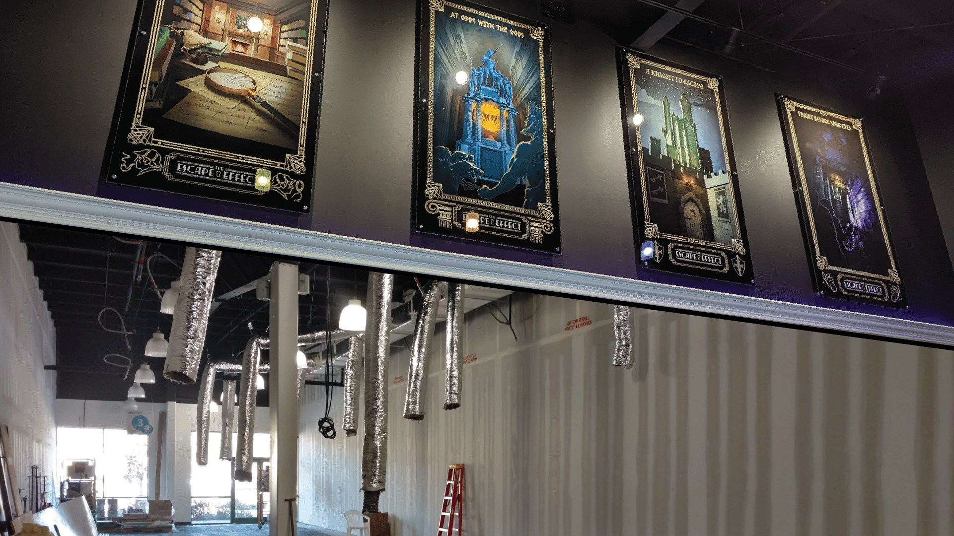 A split photograph showing construction work, and above it the posters which now adorn the lobby.