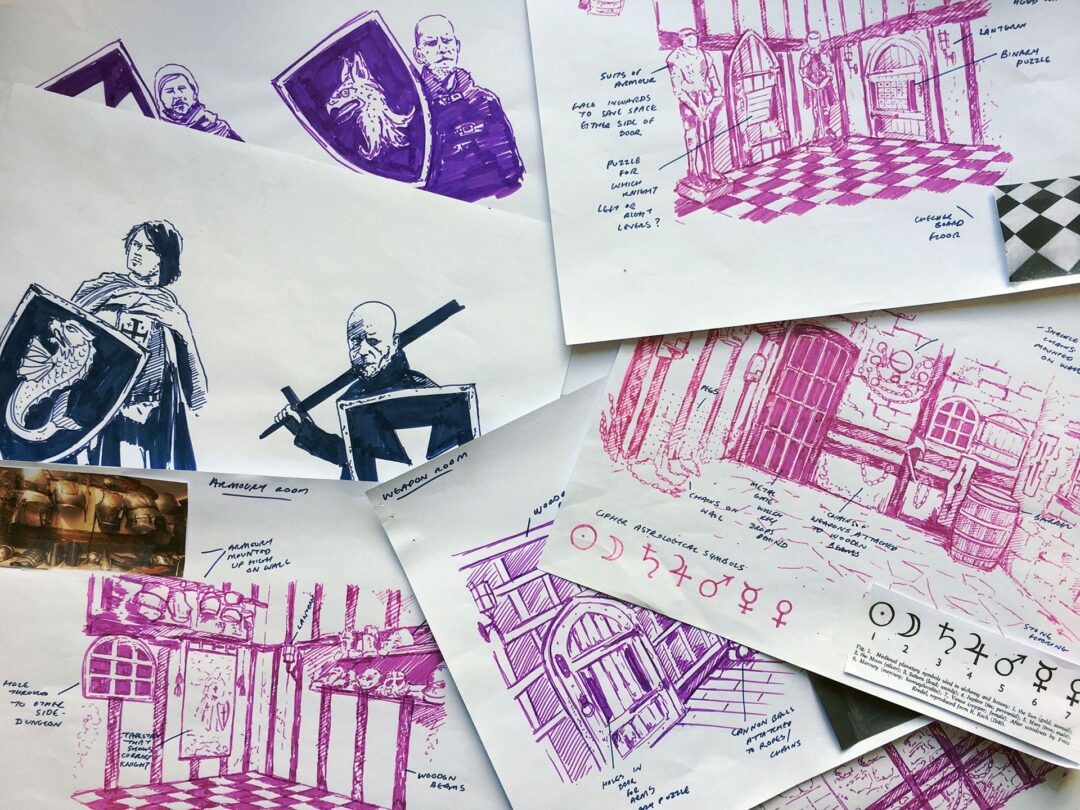 Sketches of various set design concepts used when designing an escape game.