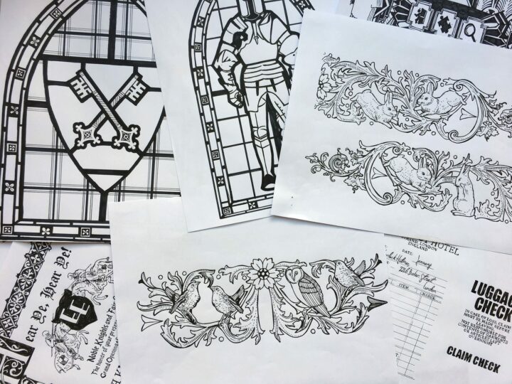 Various drawings used when making props for an escape room.