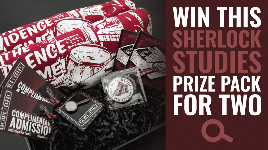 A photograph showing a prize bundle of 2 tickets, 2 t-shirts, pin, coin and stickers for Sherlock Studies