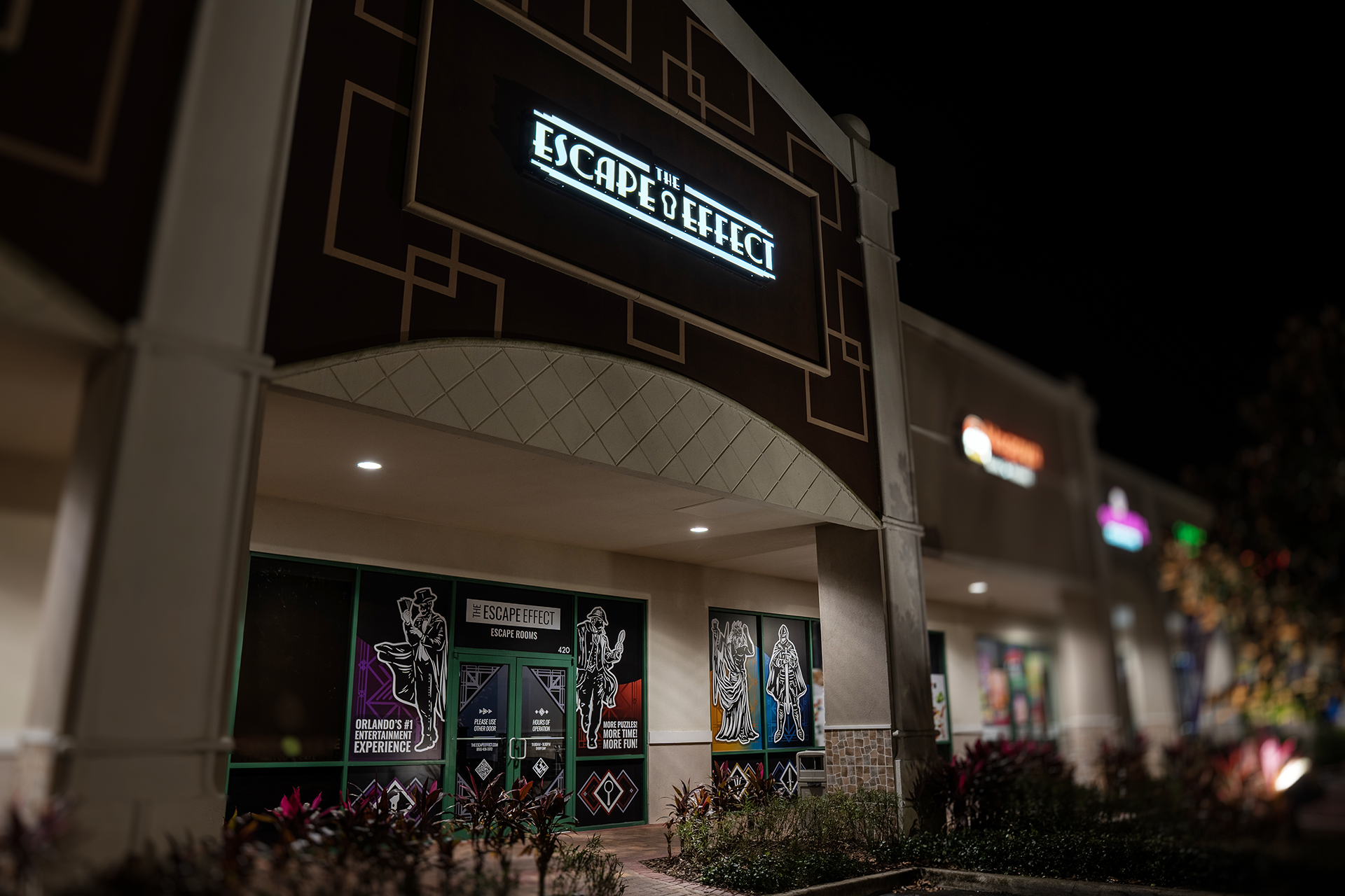A photograph of The Escape Effect at night time.